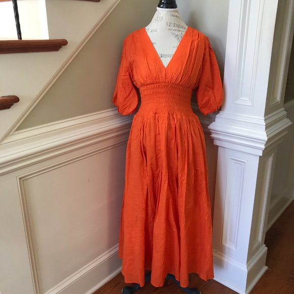 AYR Extra Extra Cotton Poplin Maxi Dress Womens Medium Orange V-Neck Smocked - Picture 3 of 12